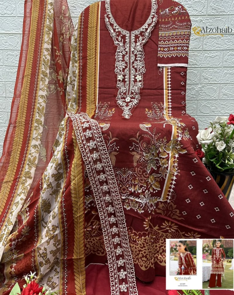 Farida Vol 2 By Alzohaib Chiffon Dupatta Cotton Salwar Kameez